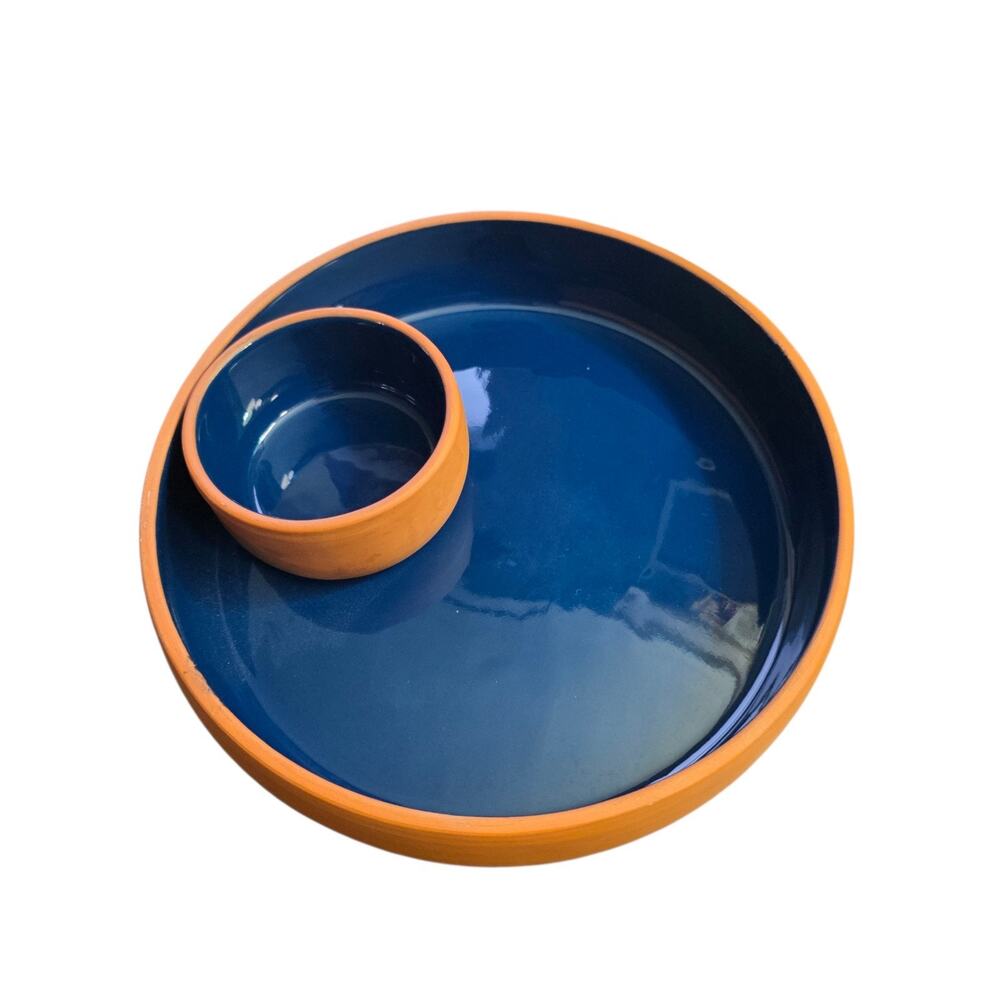 Terra Cotta Chip & Salsa Bowl Interior Indigo Blue Glaze 10” Portugal MINT